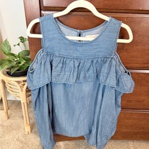 LOFT Chambray Cold-Shoulder Ruffle Top — Light Blue